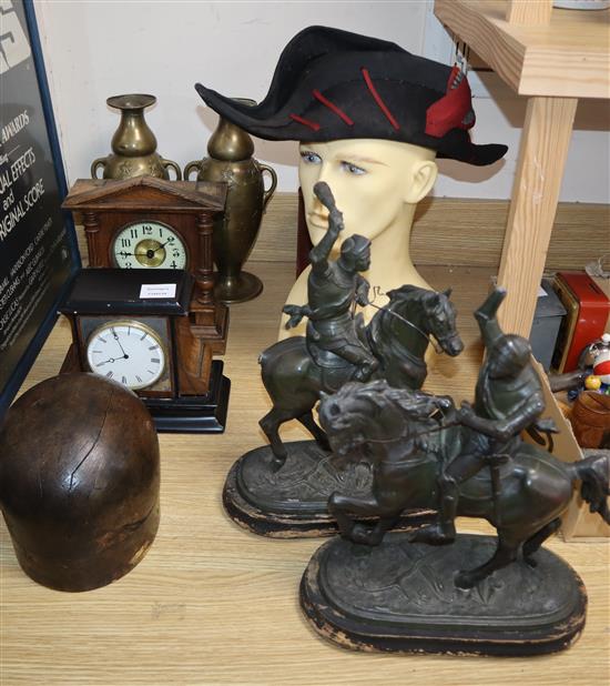 A pair of spelter figures, a pair of vases, two clocks etc.